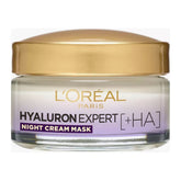 L'Oreal Paris Hyaluron Expert night cream mask jar with gold lid on a white background